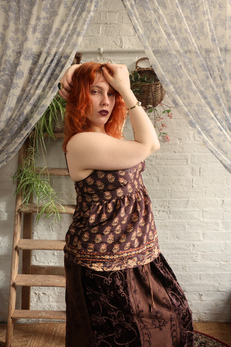 Isobel Cami Top in Saddle Brown Block Print Floral