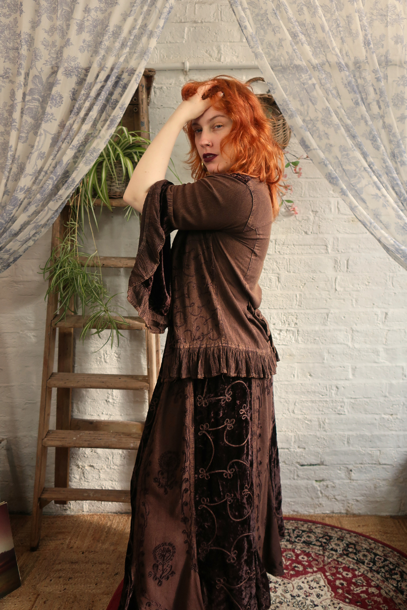 Embroidered Velvet Frill Sleeve Blouse in Hazelnut Brown
