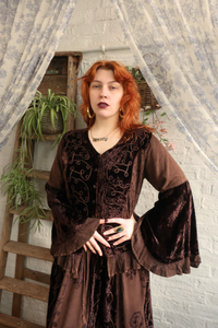 Embroidered Velvet Frill Sleeve Blouse in Hazelnut Brown