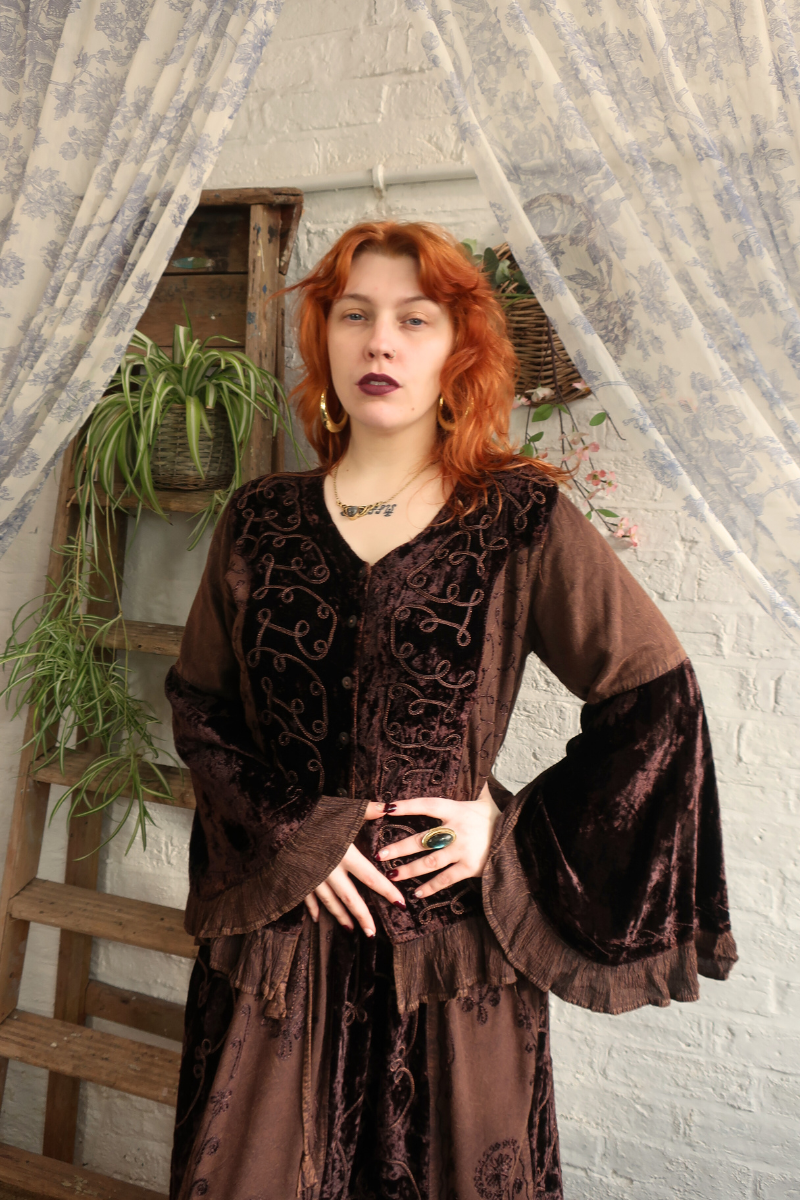 Embroidered Velvet Frill Sleeve Blouse in Hazelnut Brown
