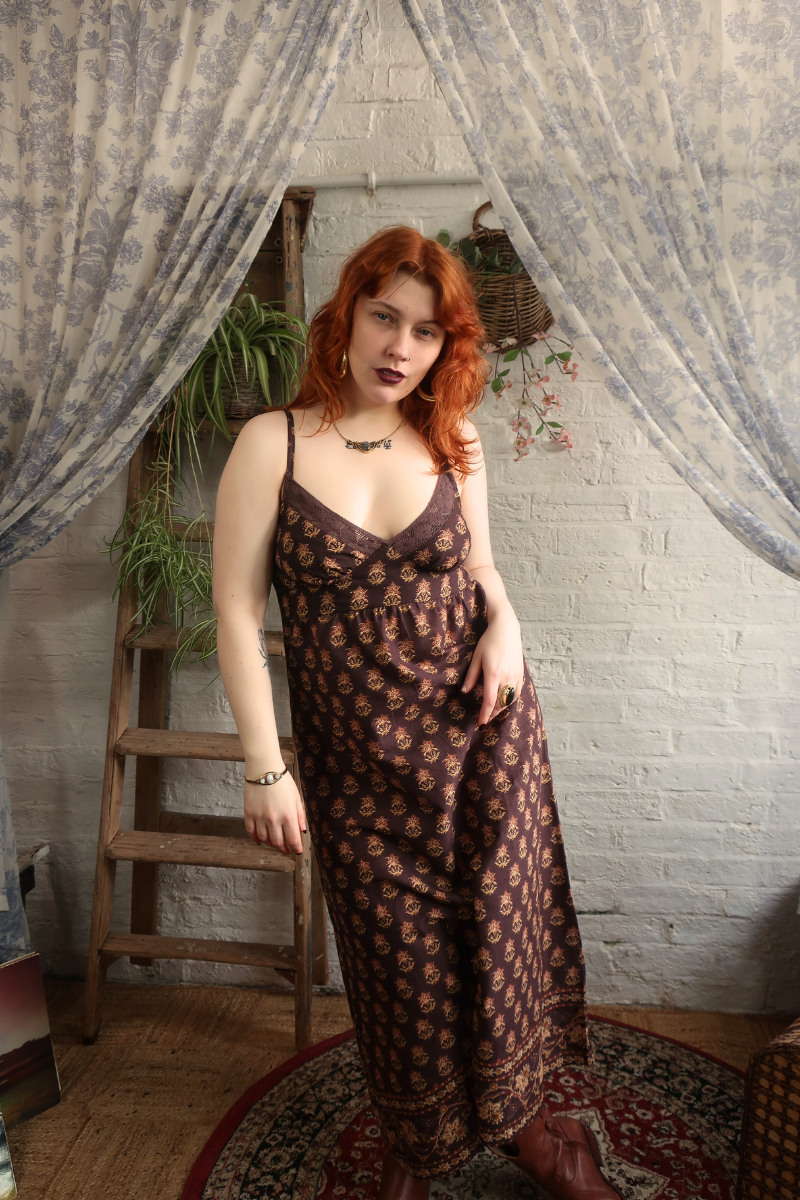 Isobel Maxi Dress in Saddle Brown Block Print Floral