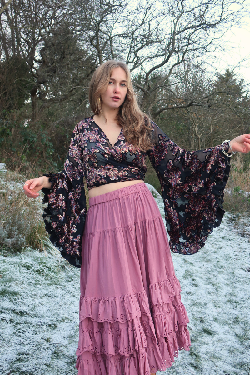 Venus Wrap Top in Black Burn Out Velvet