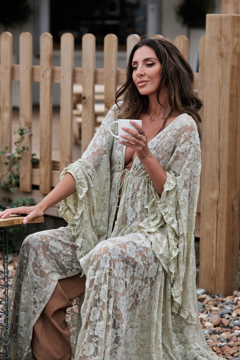 Circe Maxi Gown in Pistachio Green Chantilly Lace