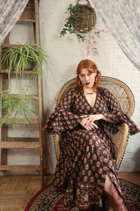 Georgie Button Up Skirt in Saddle Brown Block Print Floral