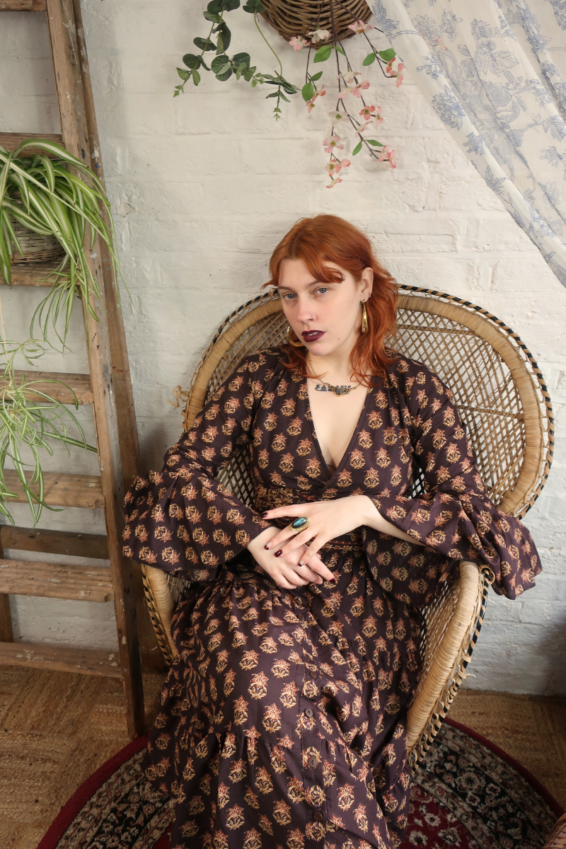 Sylvia Wrap Top in Saddle Brown Block Print Floral