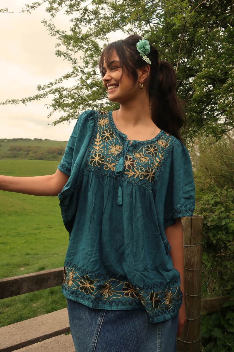 Embroidered Tunic Smock Top in Deep Sea Teal - Free Size
