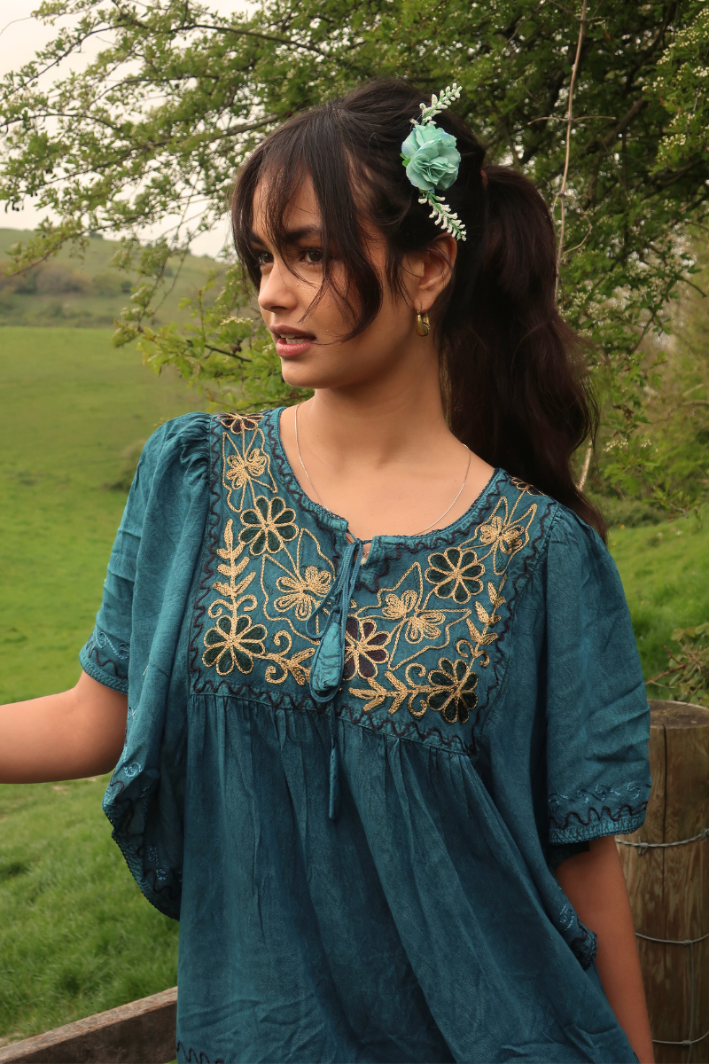Embroidered Tunic Smock Top in Deep Sea Teal - Free Size