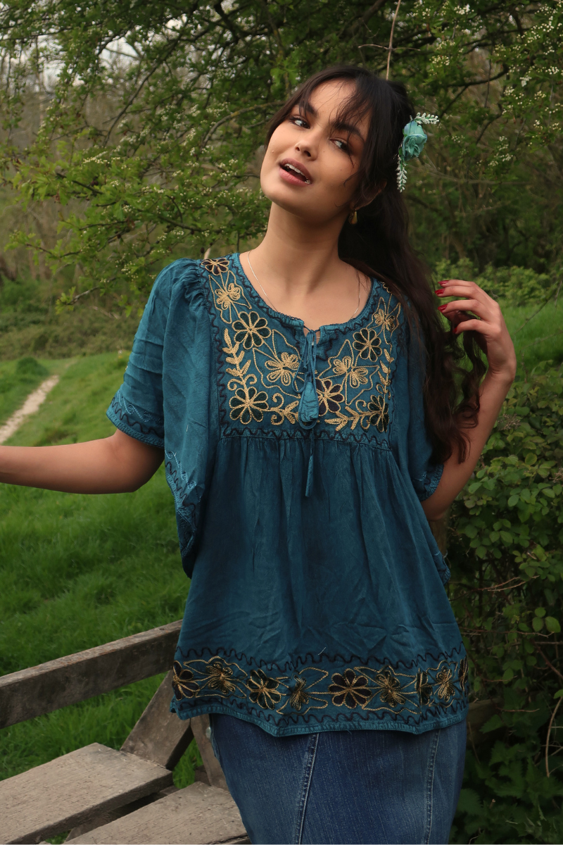 Embroidered Tunic Smock Top in Deep Sea Teal - Free Size