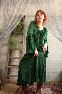 Embroidered Velvet Handkerchief Midi Skirt in Pine Green