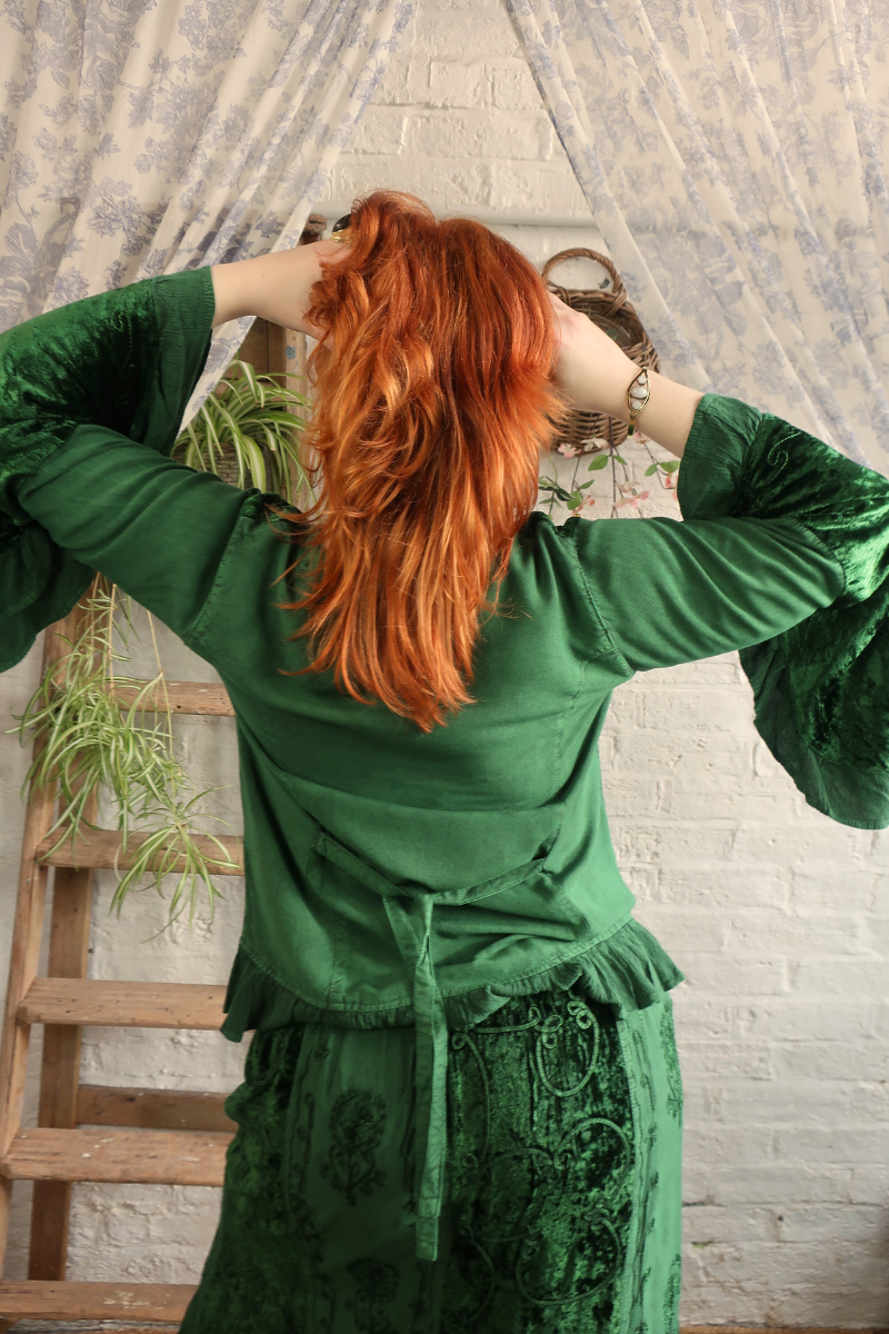 Embroidered Velvet Frill Sleeve Blouse in Pine Green