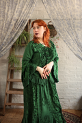 Embroidered Velvet Frill Sleeve Blouse in Pine Green