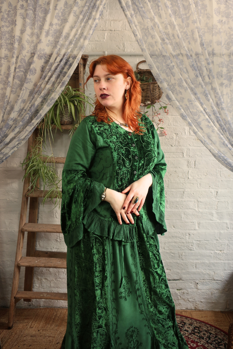 Embroidered Velvet Frill Sleeve Blouse in Pine Green