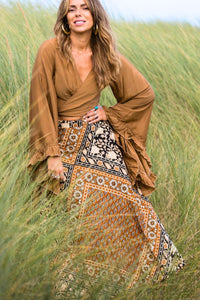 Emmylou Patchwork Wrap Skirt in Camel Brown & Black By All About Audrey