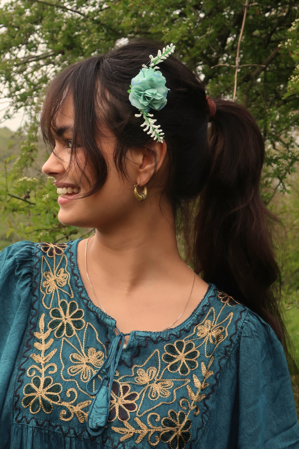 Duet Of Aqua Roses Flower Barrette