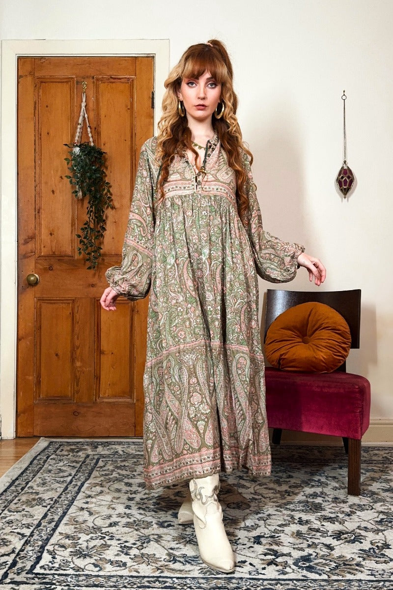 Florence Midi Dress in Sage & Blush Paisley