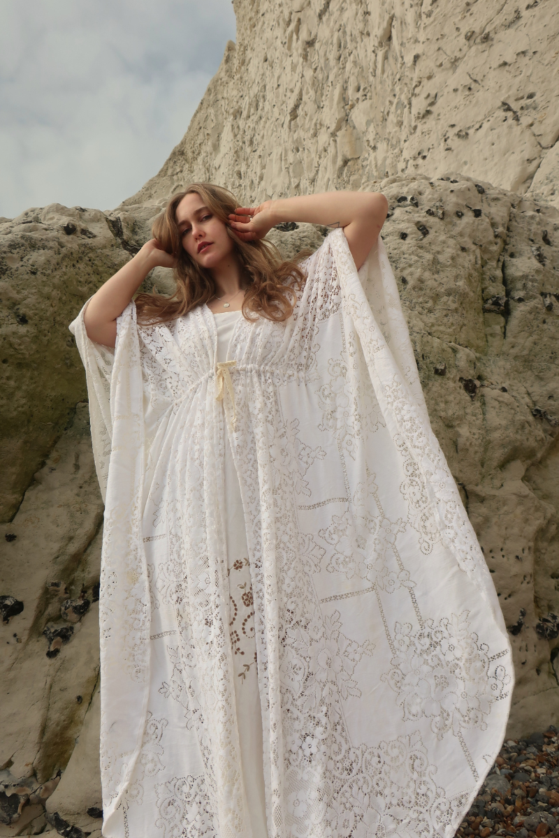 Carlotta Butterfly Robe in Snowdrop White Lace - Free Size