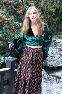 Georgie Button Up Skirt in Saddle Brown Block Print Floral