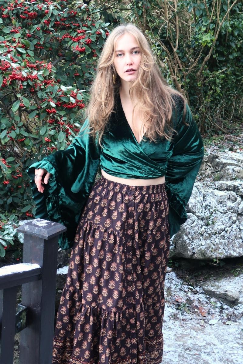 Georgie Button Up Skirt in Saddle Brown Block Print Floral