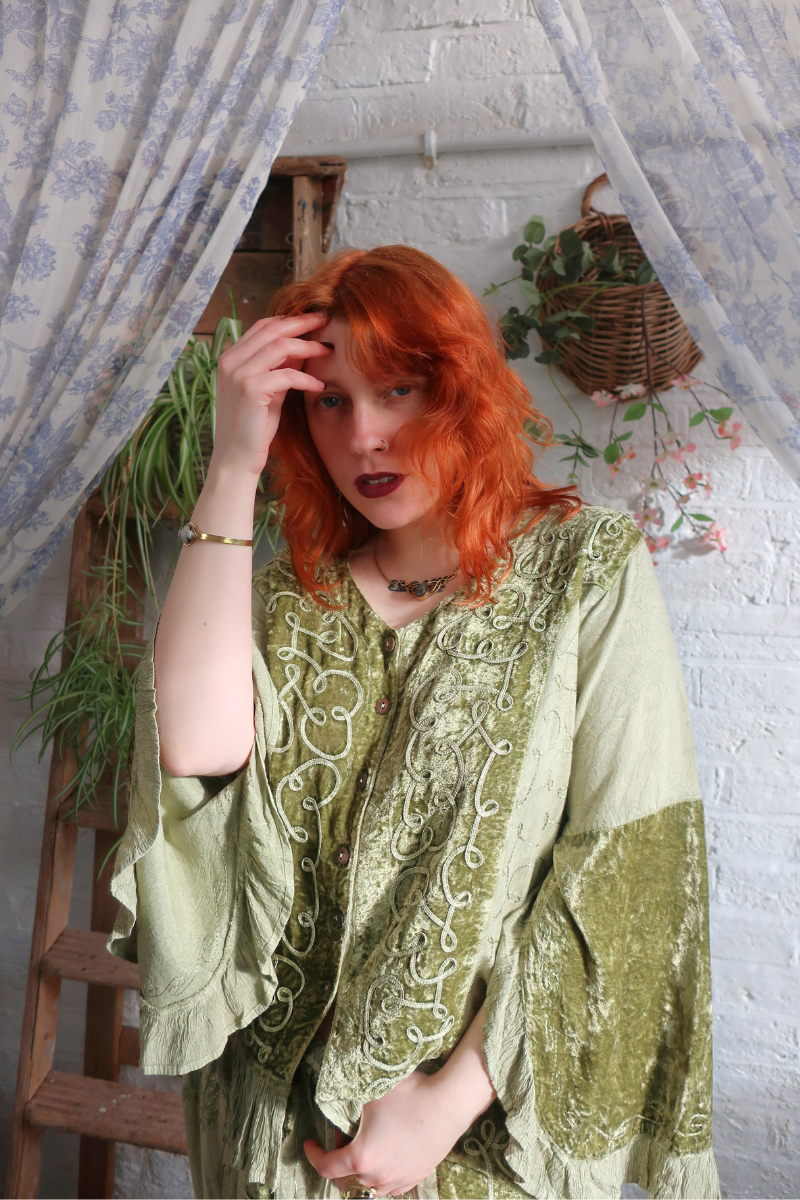 Embroidered Velvet Frill Sleeve Blouse in Dusty Sage
