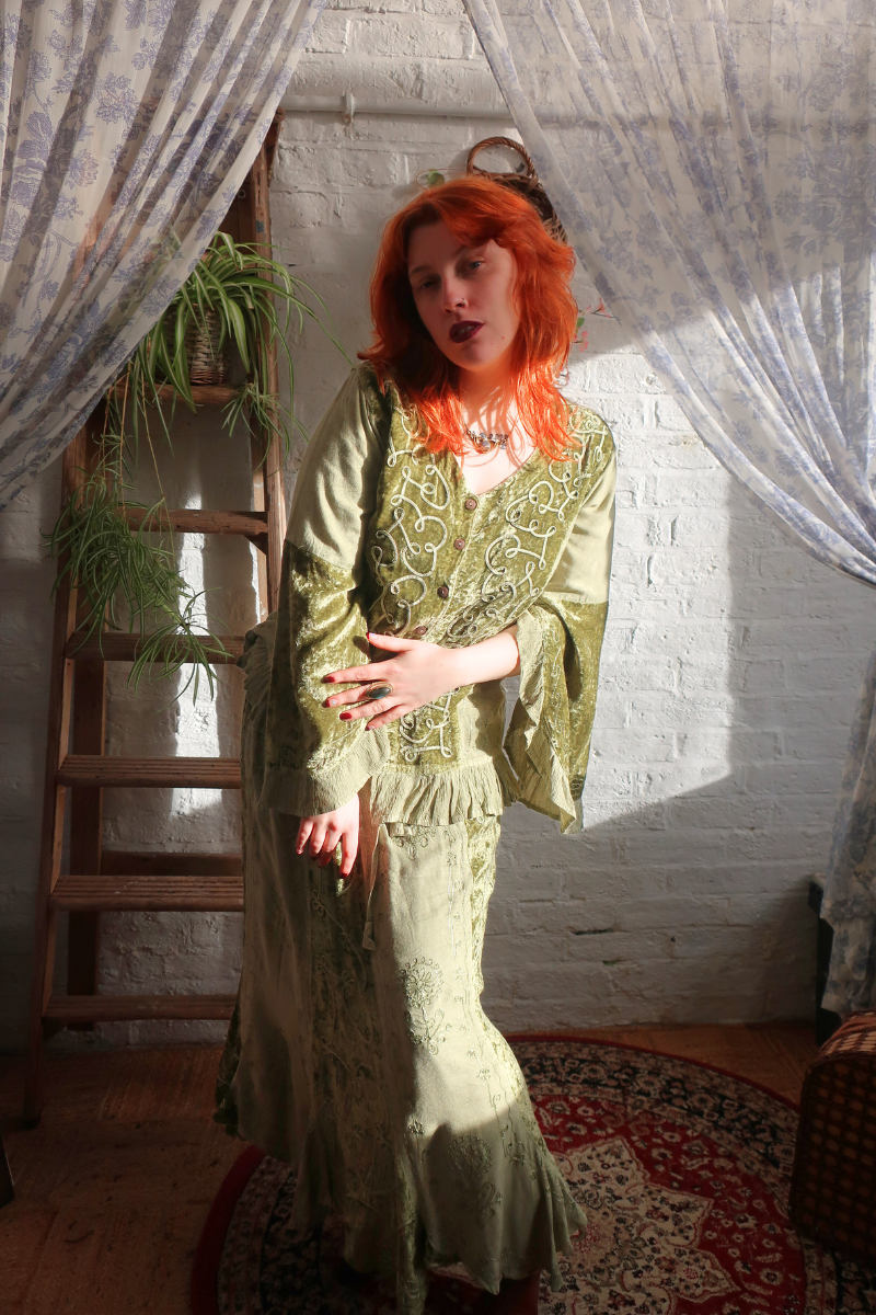 Embroidered Velvet Frill Sleeve Blouse in Dusty Sage