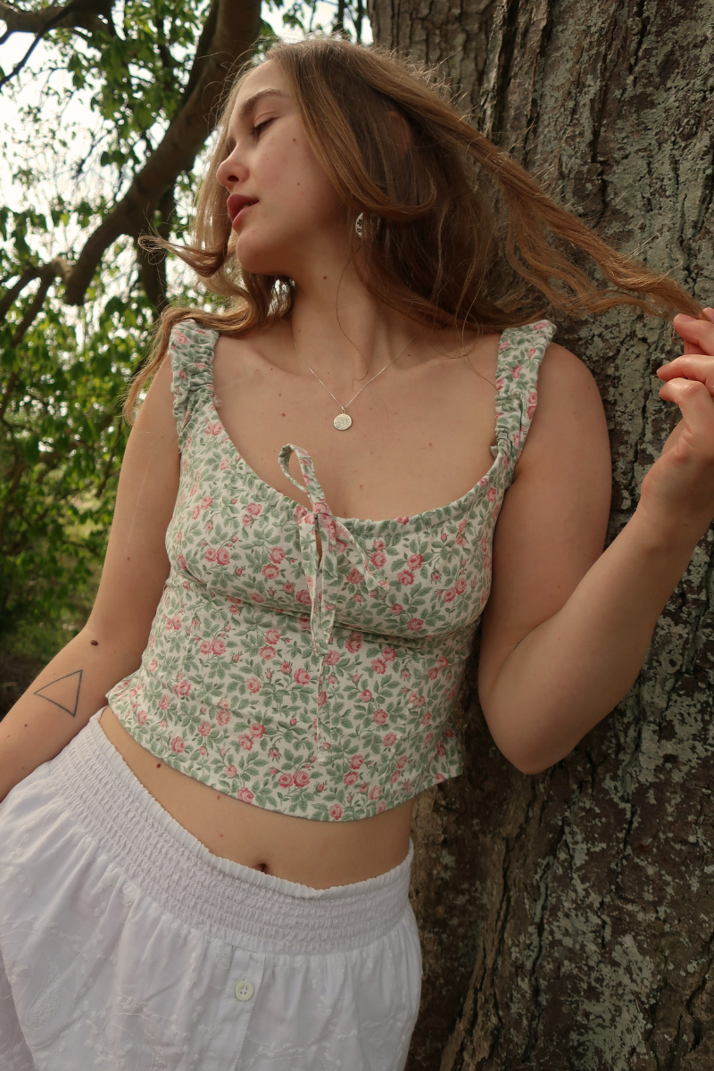 Taylor Vintage Curtain Bustier Crop Top in Petit Pink Roses - Size S