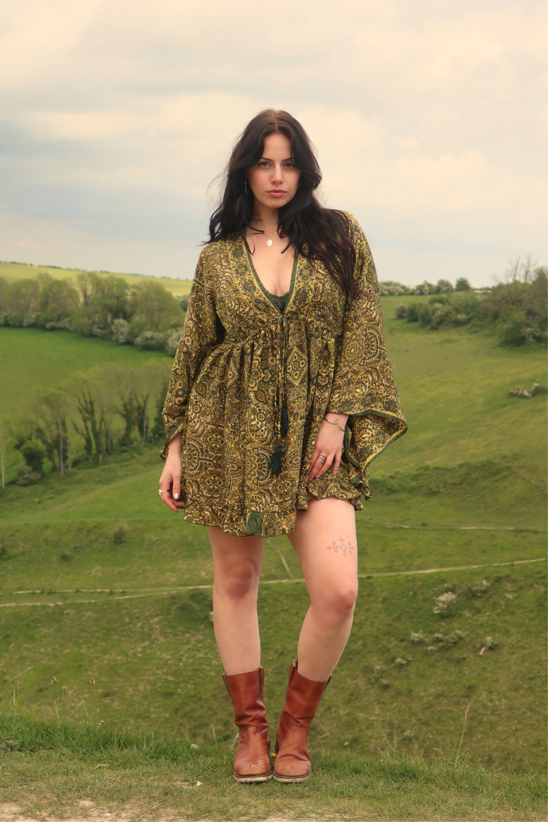 Pixie Babydoll Mini Dress in Coltrane Green Mandala
