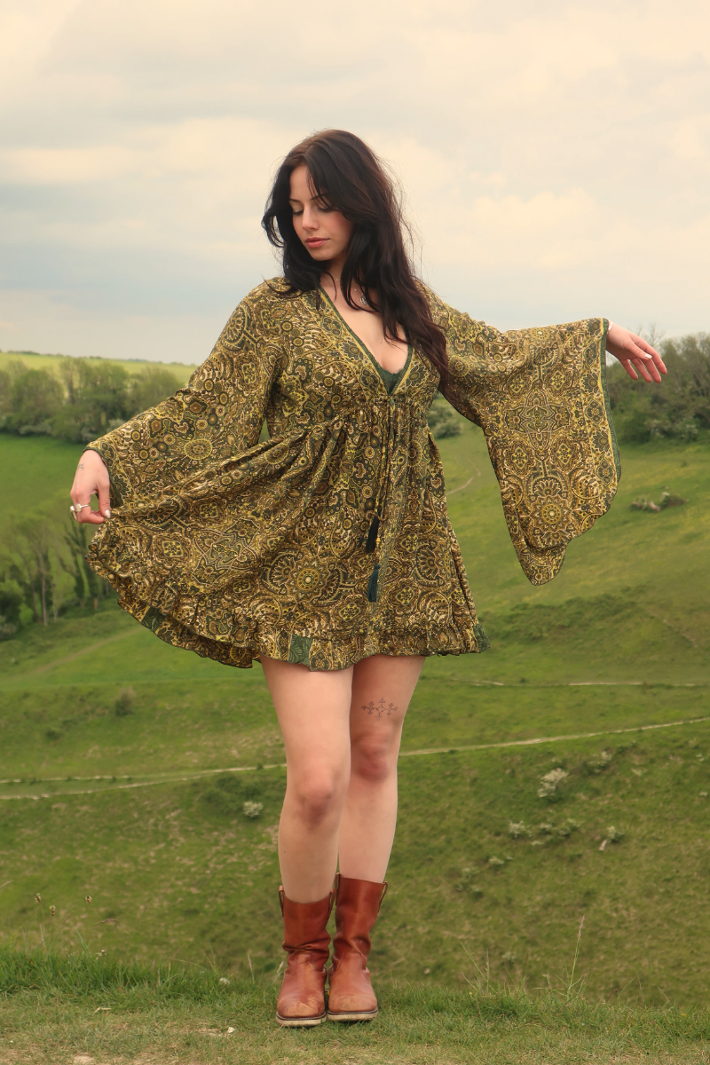 Pixie Babydoll Mini Dress in Coltrane Green Mandala