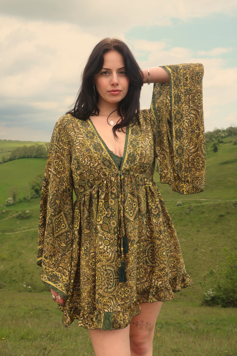 Pixie Babydoll Mini Dress in Coltrane Green Mandala