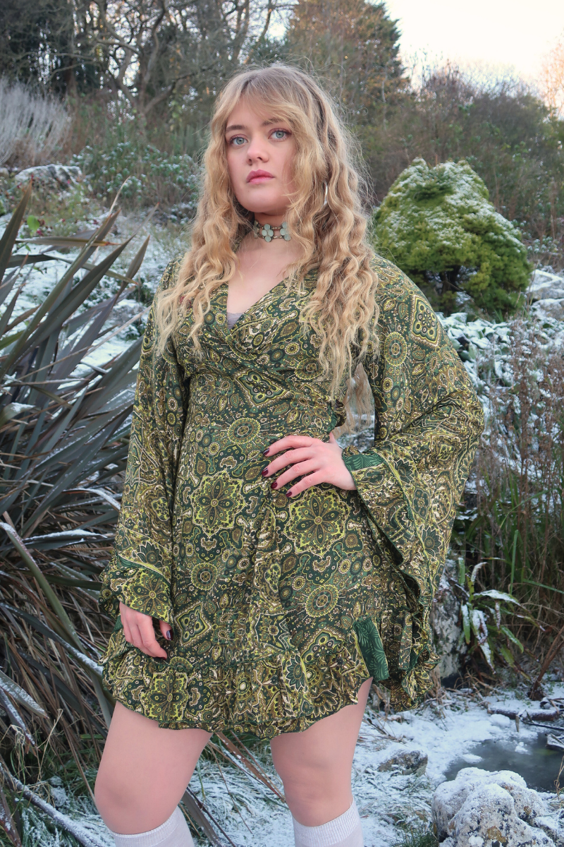 Venus Mini Wrap Dress in Coltrane Green Mandala