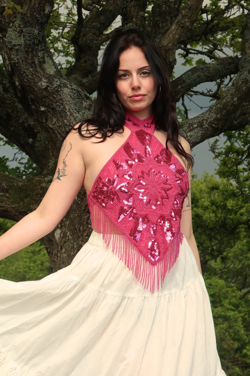 Beaded Handkerchief Halter Top in Ruby Pink Sunset