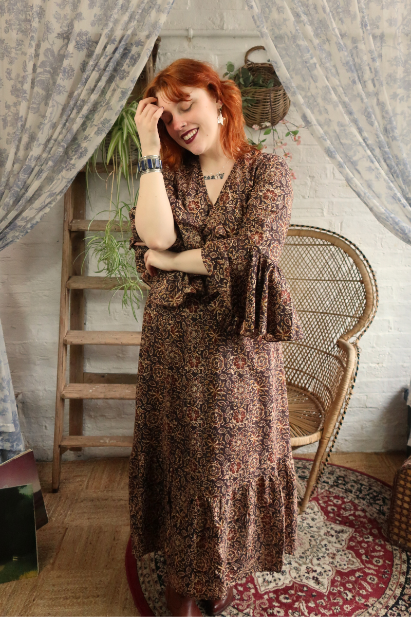 Sylvia Maxi Wrap Dress in Umber Brown Floral Block Print