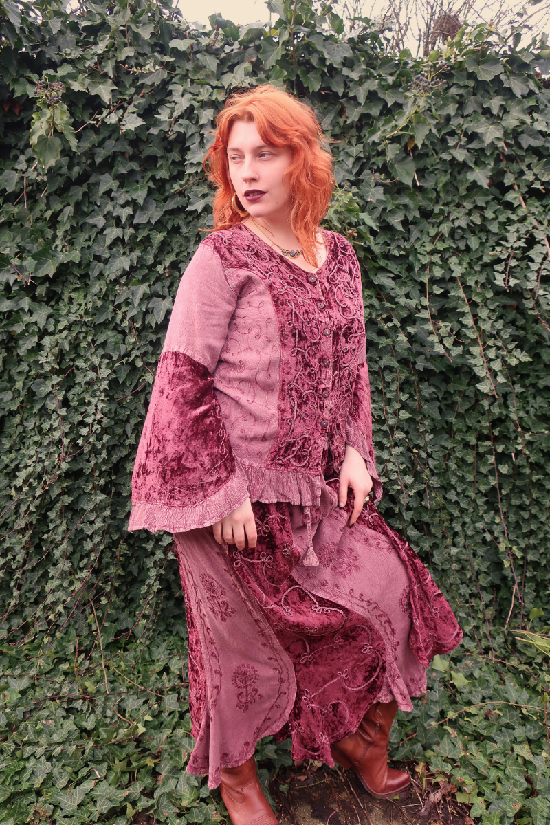 Embroidered Velvet Handkerchief Midi Skirt in Midnight Mauve