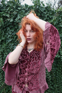 Embroidered Velvet Frill Sleeve Blouse in Midnight Mauve
