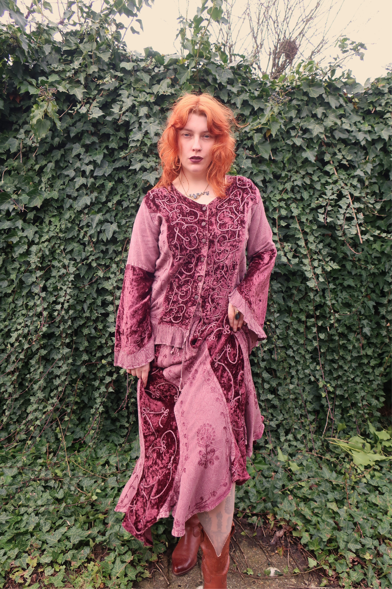 Embroidered Velvet Handkerchief Midi Skirt in Midnight Mauve