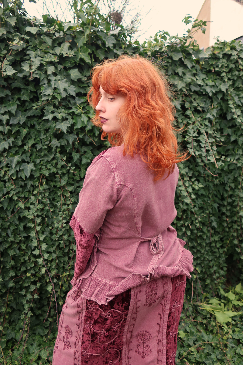 Embroidered Velvet Frill Sleeve Blouse in Midnight Mauve