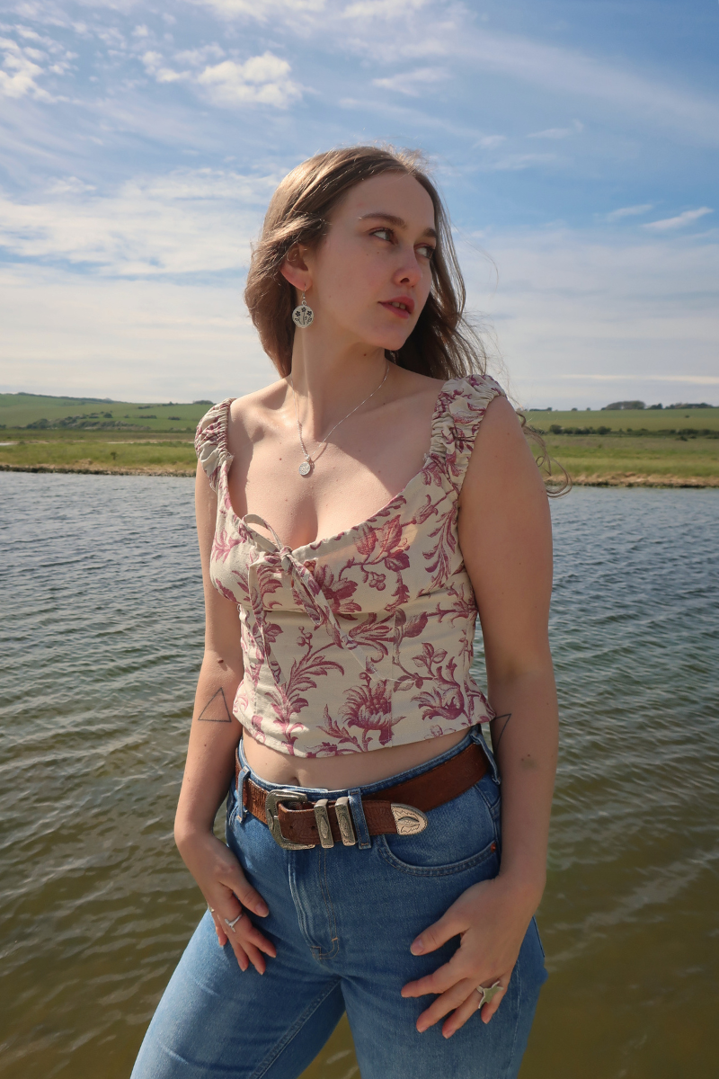 Taylor Vintage Curtain Bustier Crop Top in Off White & Rouge Pink Tudor Floral - Size S