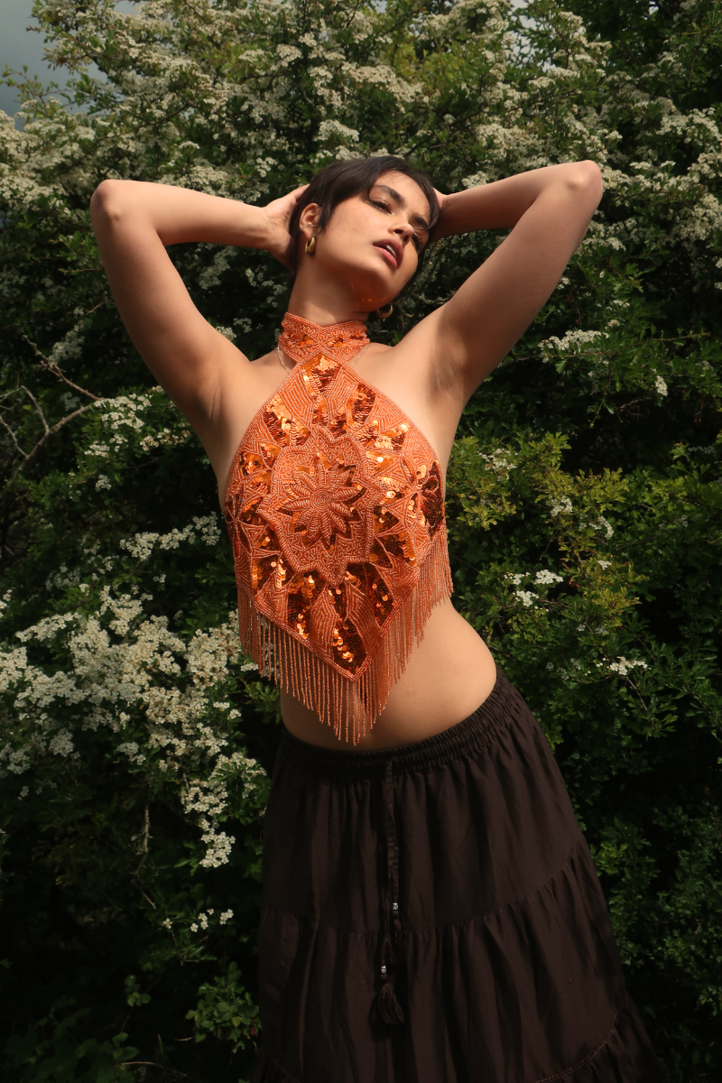 Beaded Handkerchief Halter Top in Heart of Fire Orange