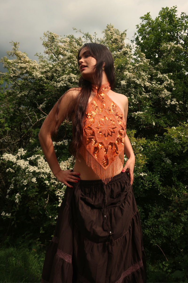 Beaded Handkerchief Halter Top in Heart of Fire Orange