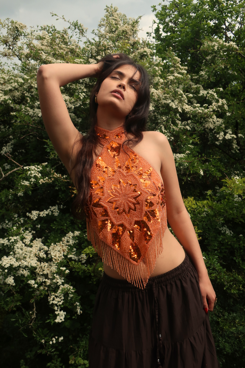 Beaded Handkerchief Halter Top in Heart of Fire Orange