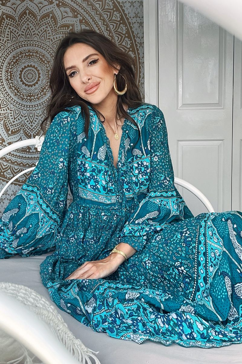 bohemian peacock print maxi dress Peacock Print Long Sleeve Dress Lovely P.U.S.H Boutique