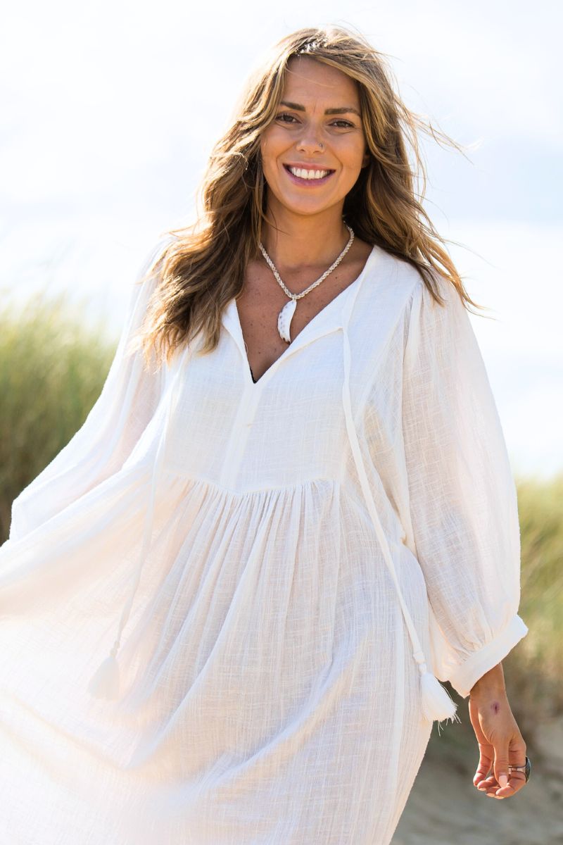 Posy Organic Cotton Boho Midi Dress in Salt White