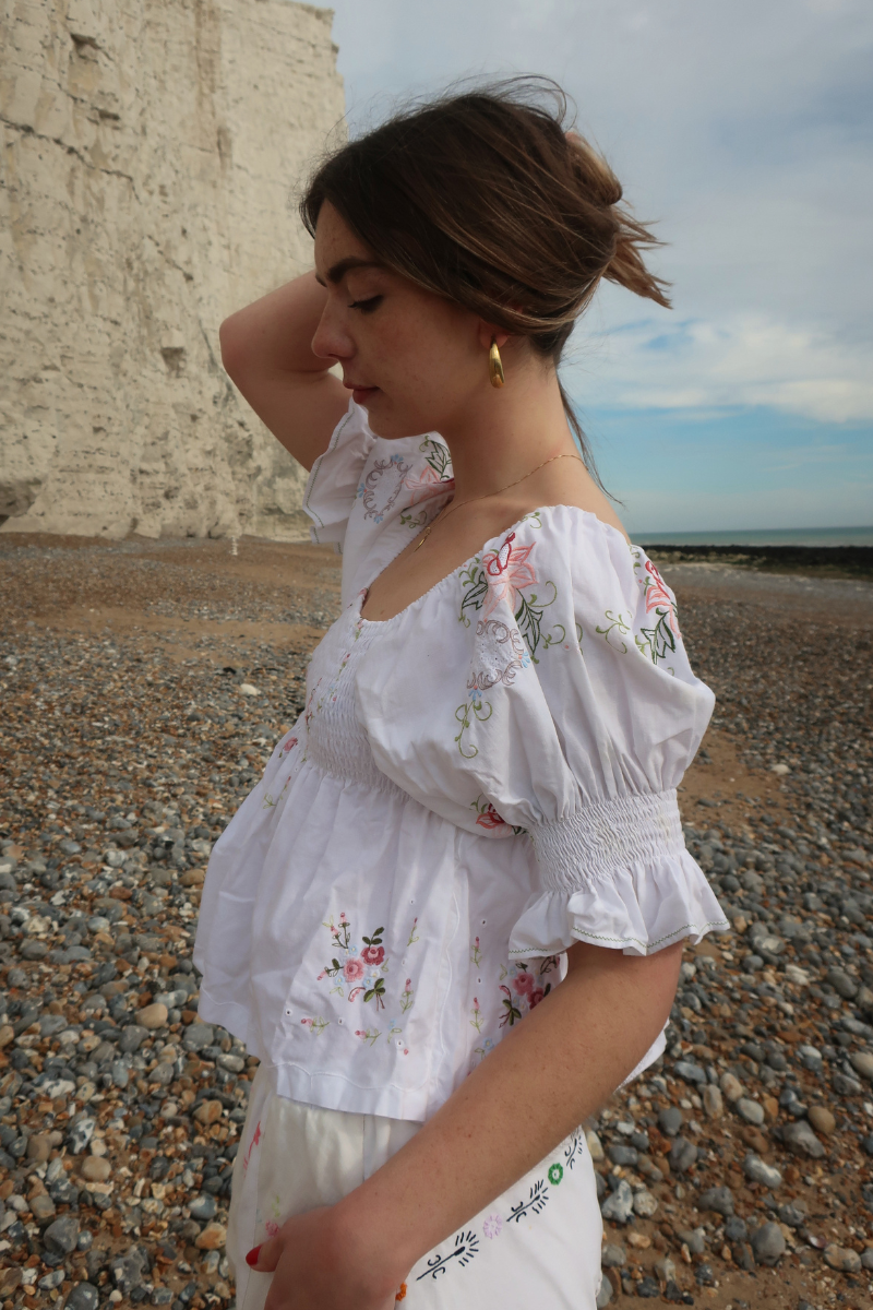 Lucia Vintage Tablecloth Ruched Top in Baby Blue & Pink Floral Bunting