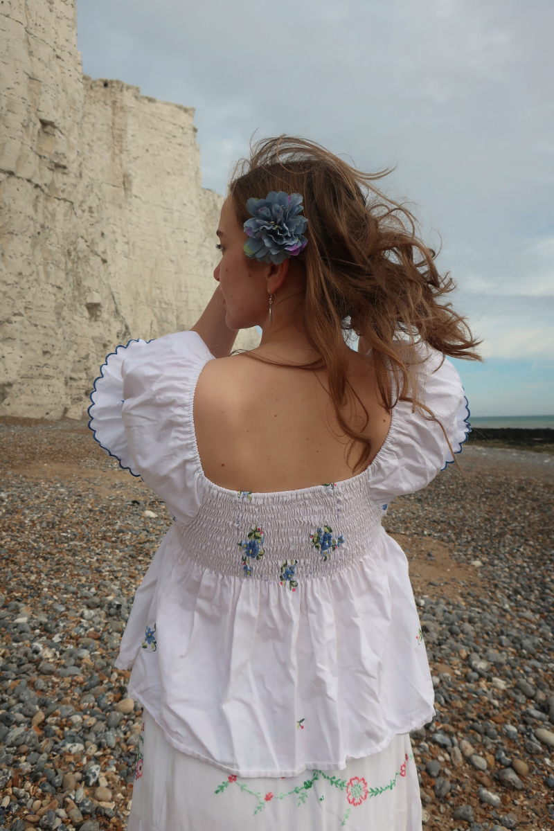 Lucia Vintage Tablecloth Ruched Top in Ides of March Blue Embroidery