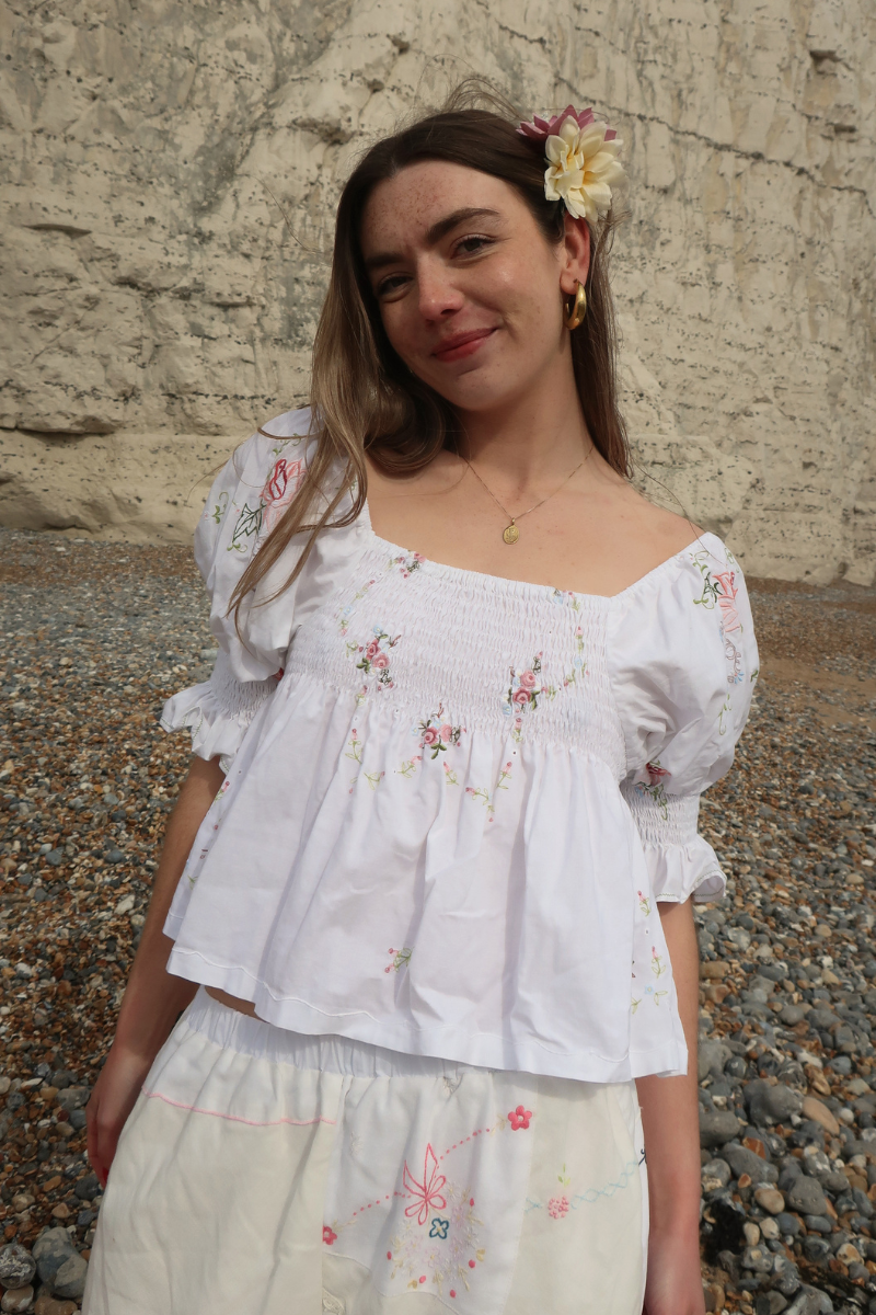 Lucia Vintage Tablecloth Ruched Top in Baby Blue & Pink Floral Bunting