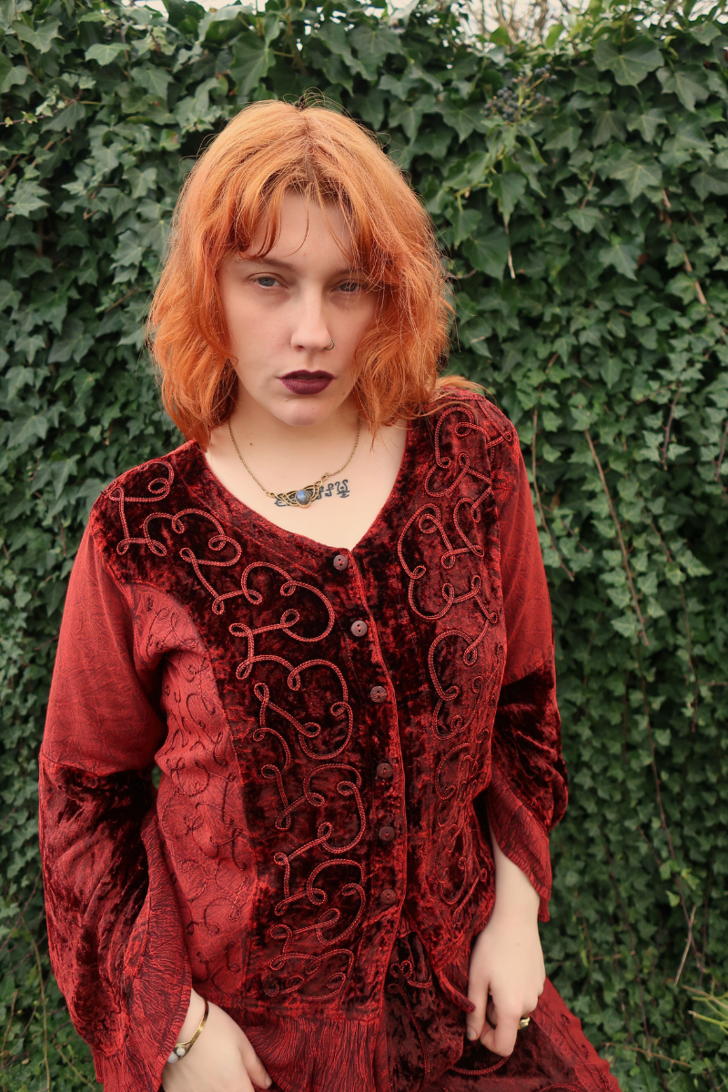 Embroidered Velvet Frill Sleeve Blouse in Crimson Red