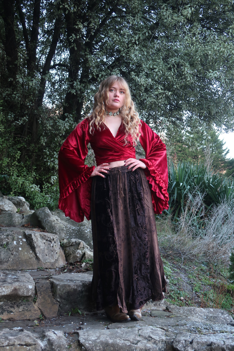 Embroidered Velvet Handkerchief Midi Skirt in Hazelnut Brown