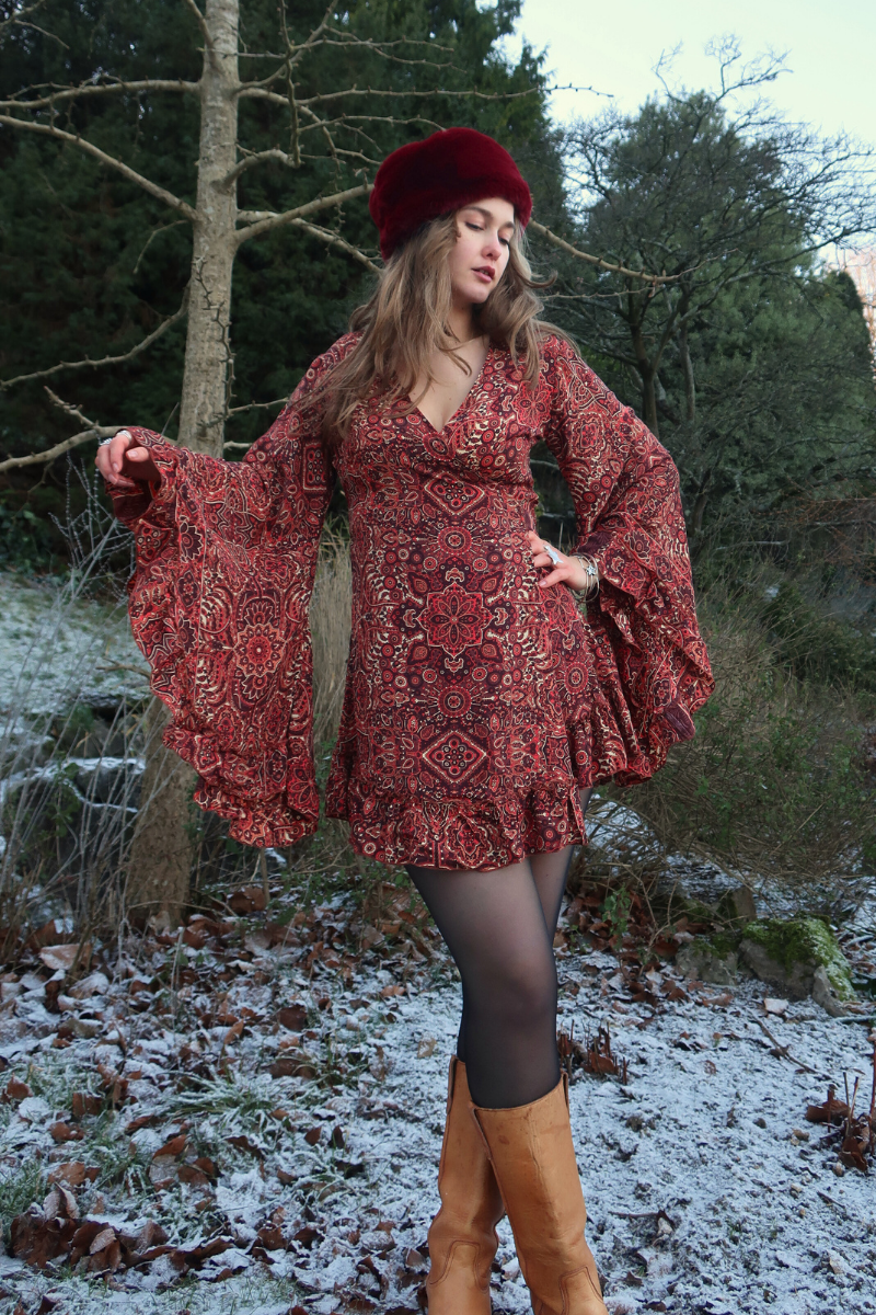 Venus Mini Wrap Dress in Bowie Red Mandala