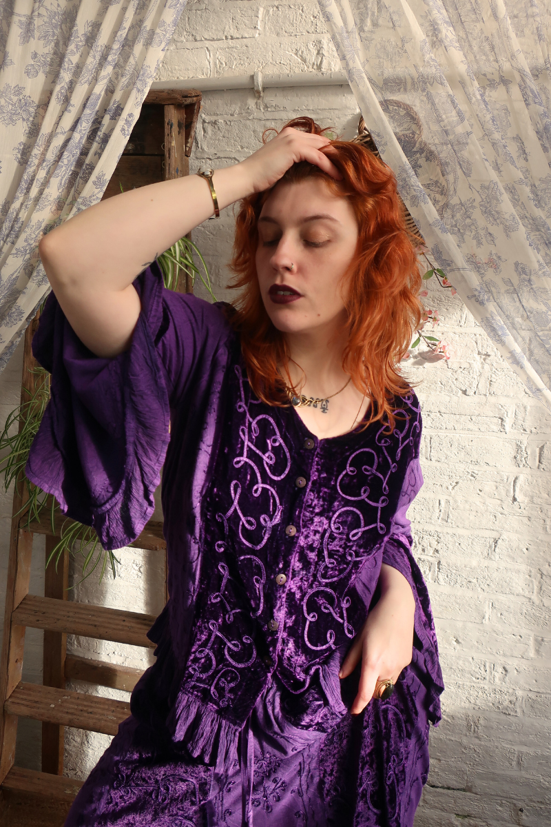 Embroidered Velvet Frill Sleeve Blouse in Jewelled Violet