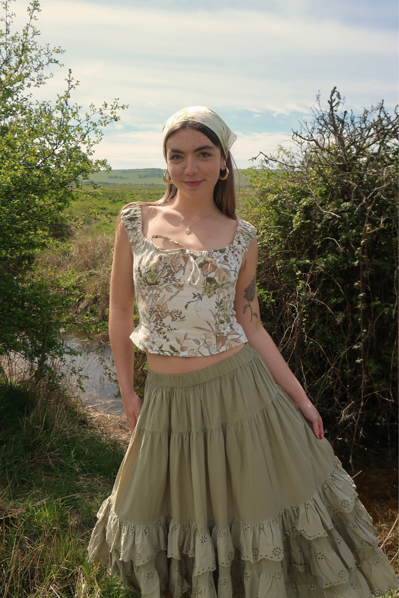 Taylor Vintage Curtain Bustier Crop Top in Ivory & Sage Florals - Size XS