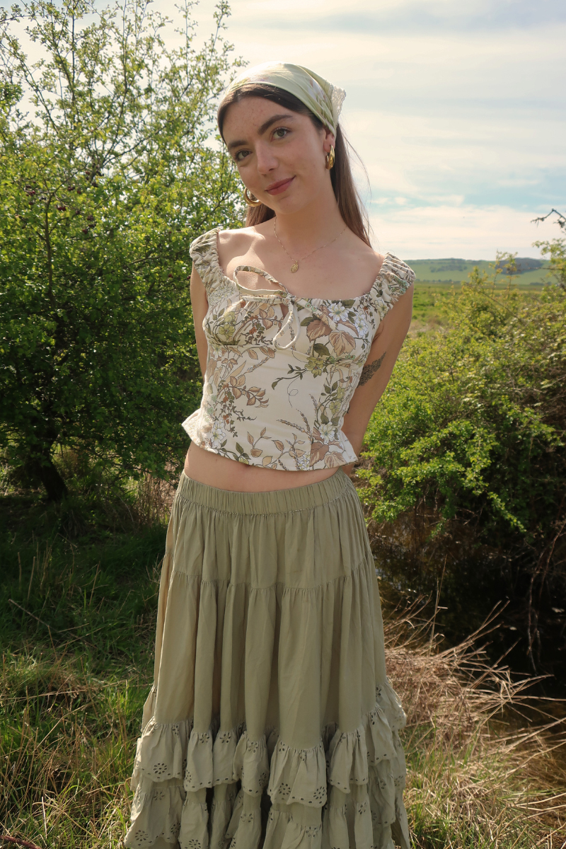 Taylor Vintage Curtain Bustier Crop Top in Ivory & Sage Florals - Size XS